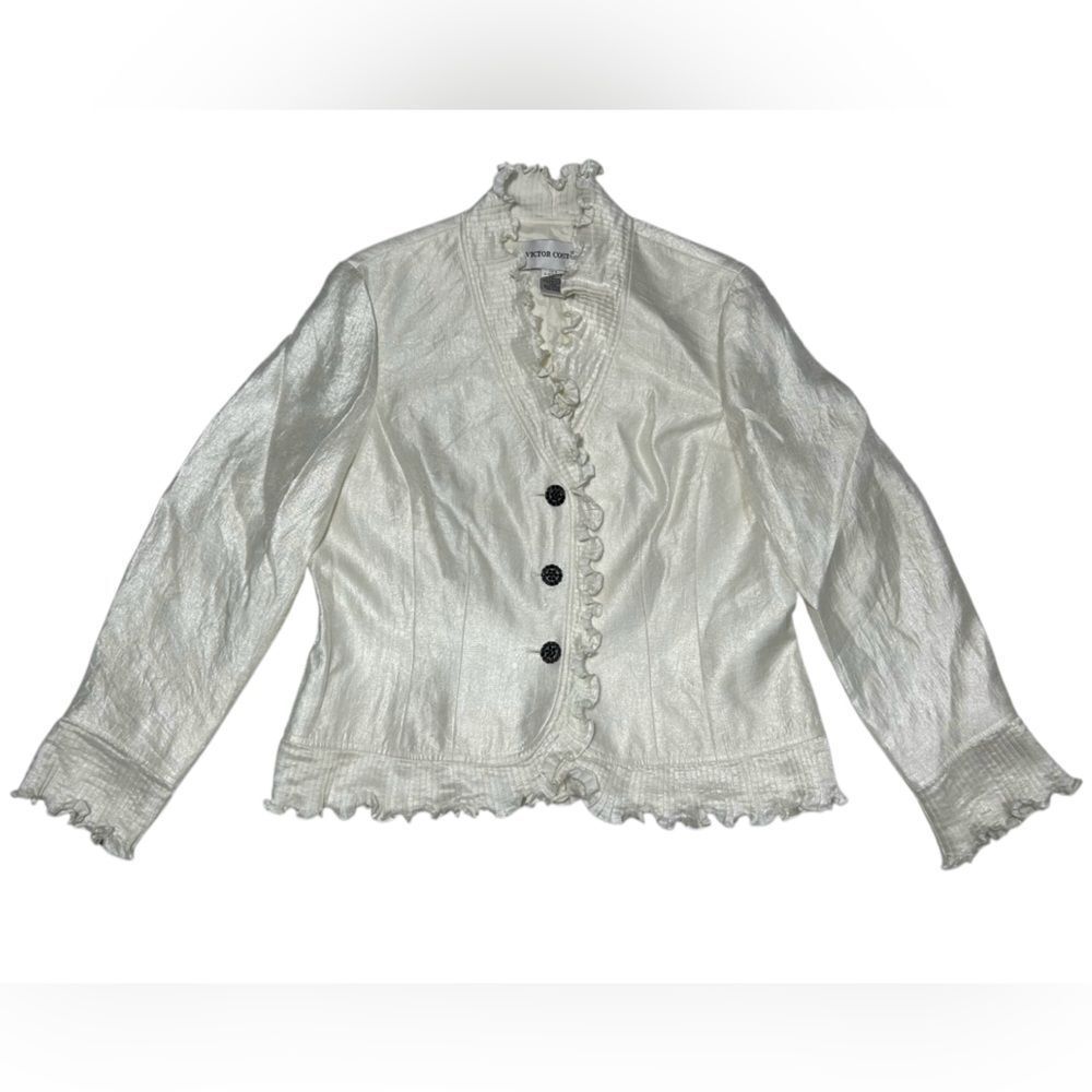 Victor Costa Vintage Ruffled Satin Blouse with Black Rhinestone Buttons Size 12